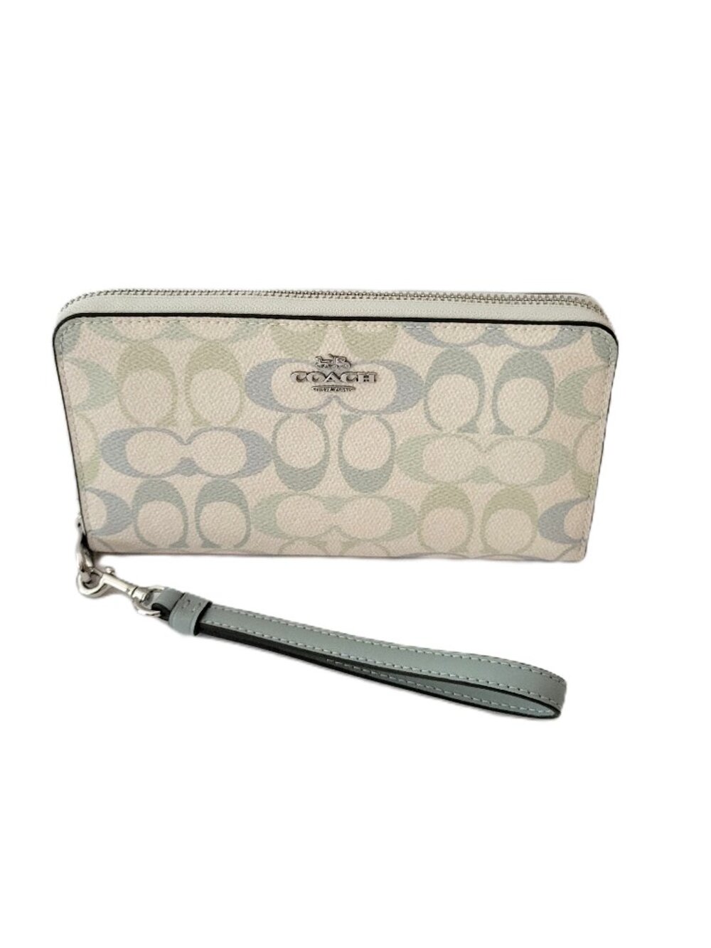 Coach CEC22 Long Zip Around Wallet Signature Coated Canvas Wristlet Chalk Blue